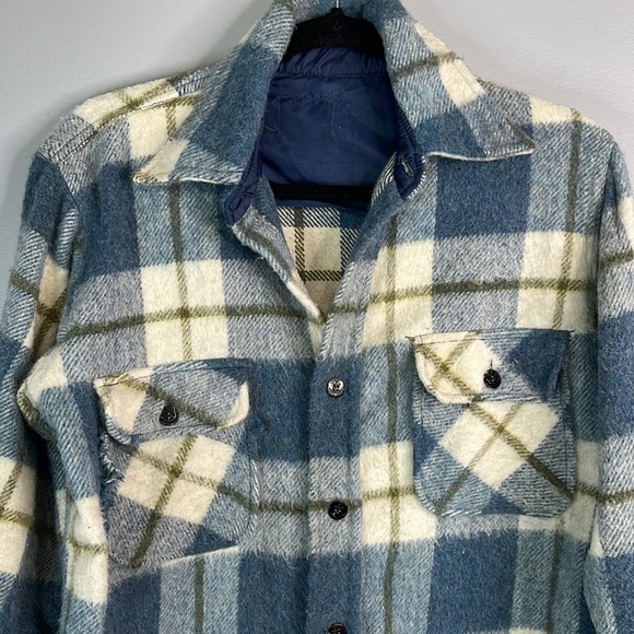 VINTAGE Unisex Blue Plaid Shacket Jacket Wool Mohair Blend Size XS/S *As  Is* - Picture 3 of 10
